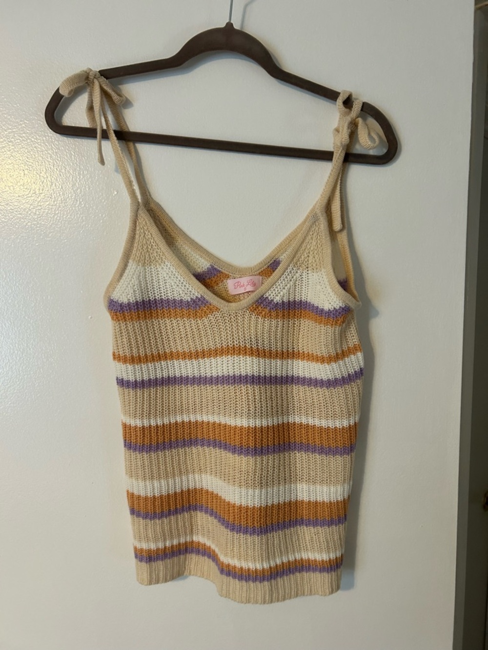 Pink Lily Striped Tie-Shoulder Knit Camisole - Cream, Purple & Brown
